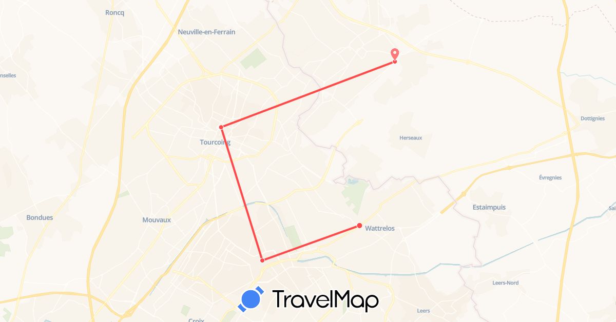 TravelMap itinerary: driving, hiking in Belgium, France (Europe)